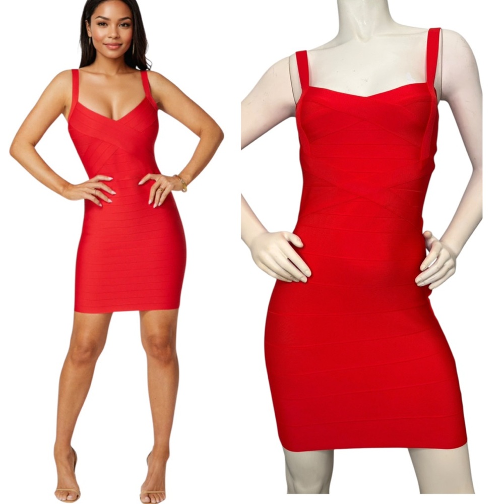 Unbranded Red Bandage Bodycon V Neck Strap Mini Dress, M